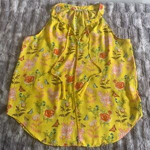 Rose + Olive Yellow Floral & Butterfly Patterned Tank Top with Tassels | Size M